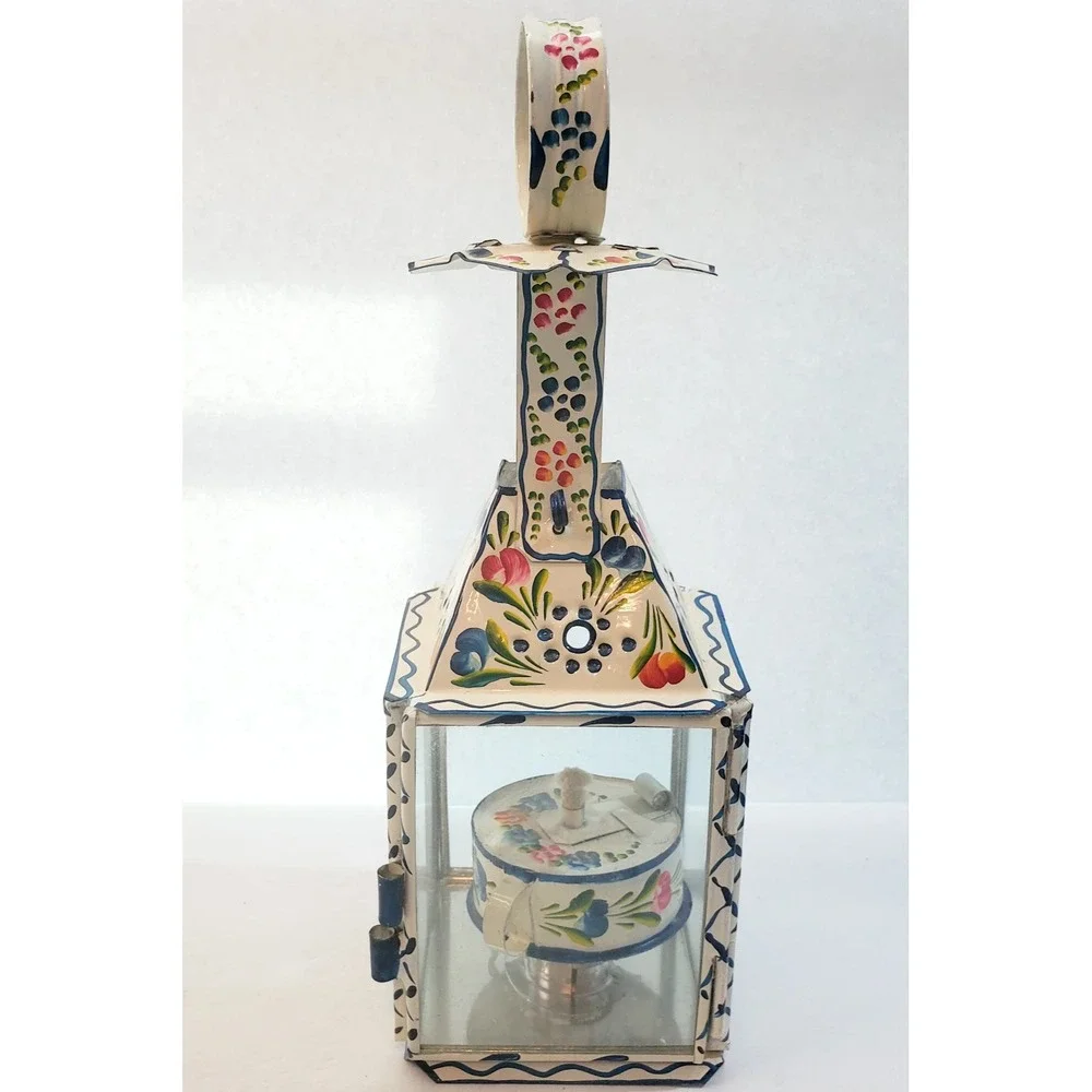 Vintage Primitive Folk Art Tin & Glass Hand Painted Floral Oil Lantern Portugal
